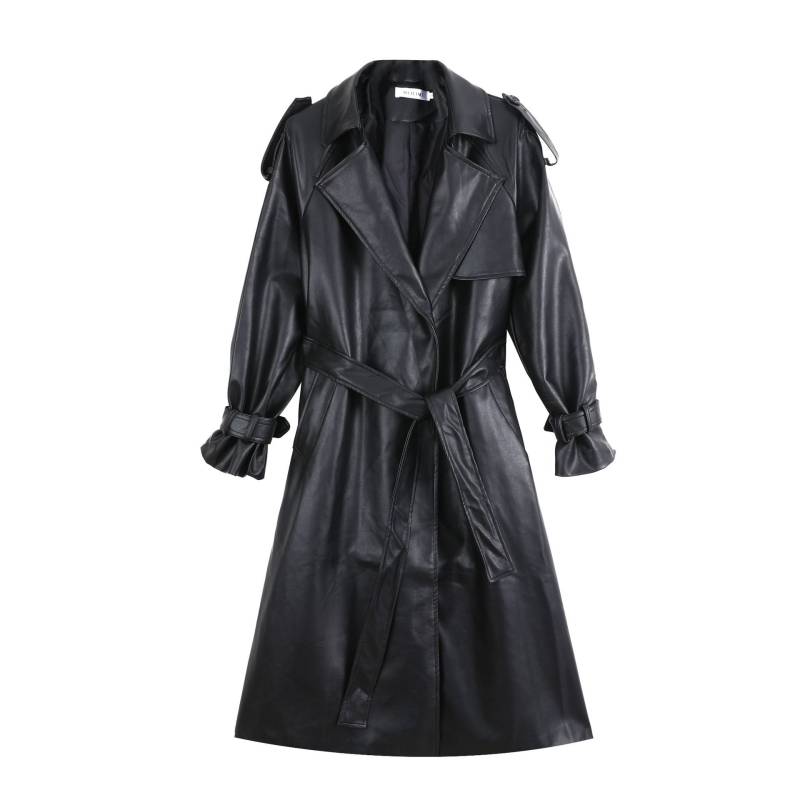 Langer, übergroßer Leder-Trenchcoat für Damen, Langarm, Revers, lockere Passform, Herbst, stilvoll, schwarze Damenbekleidung, Streetwear S schwarz von Joom DACH