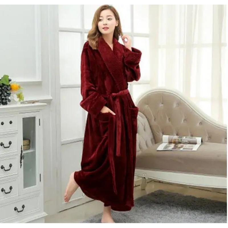 Langer Bademantel, Hauskleidung, Morgenmantel, Bademanteljacke für Damen, Flanell-Nachthemd für Damen, warmer Bademantel für Damen L rot von Joom DACH