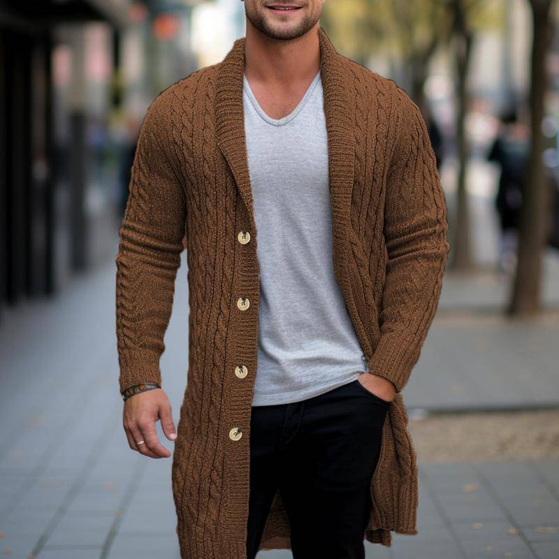 Langer Herren-Cardigan mit Zopfmuster, Schalkragen, Slim Fit, langärmelig, lässige Button-Down-Cardigans, Herbst/Winter, Strickpullover, Jacke für Männer 3XL braun von Joom DACH