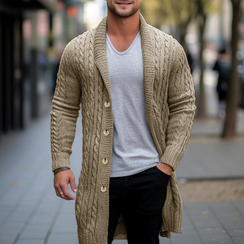 Langer Herren-Cardigan mit Zopfmuster, Schalkragen, Slim Fit, langärmelig, lässige Button-Down-Cardigans, Herbst/Winter, Strickpullover, Jacke für Männer 3XL khaki von Joom DACH
