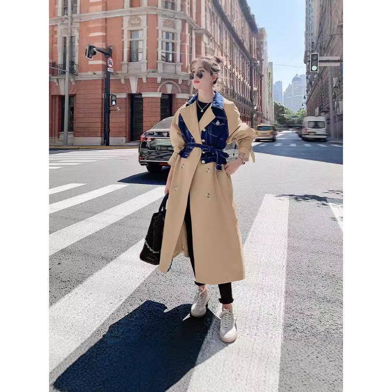 Langer Knie-Trenchcoat Damen Frühling und Herbst Designgefühl Denim-Spleißung Britischer Stil Lässige Modejacke S von Joom DACH