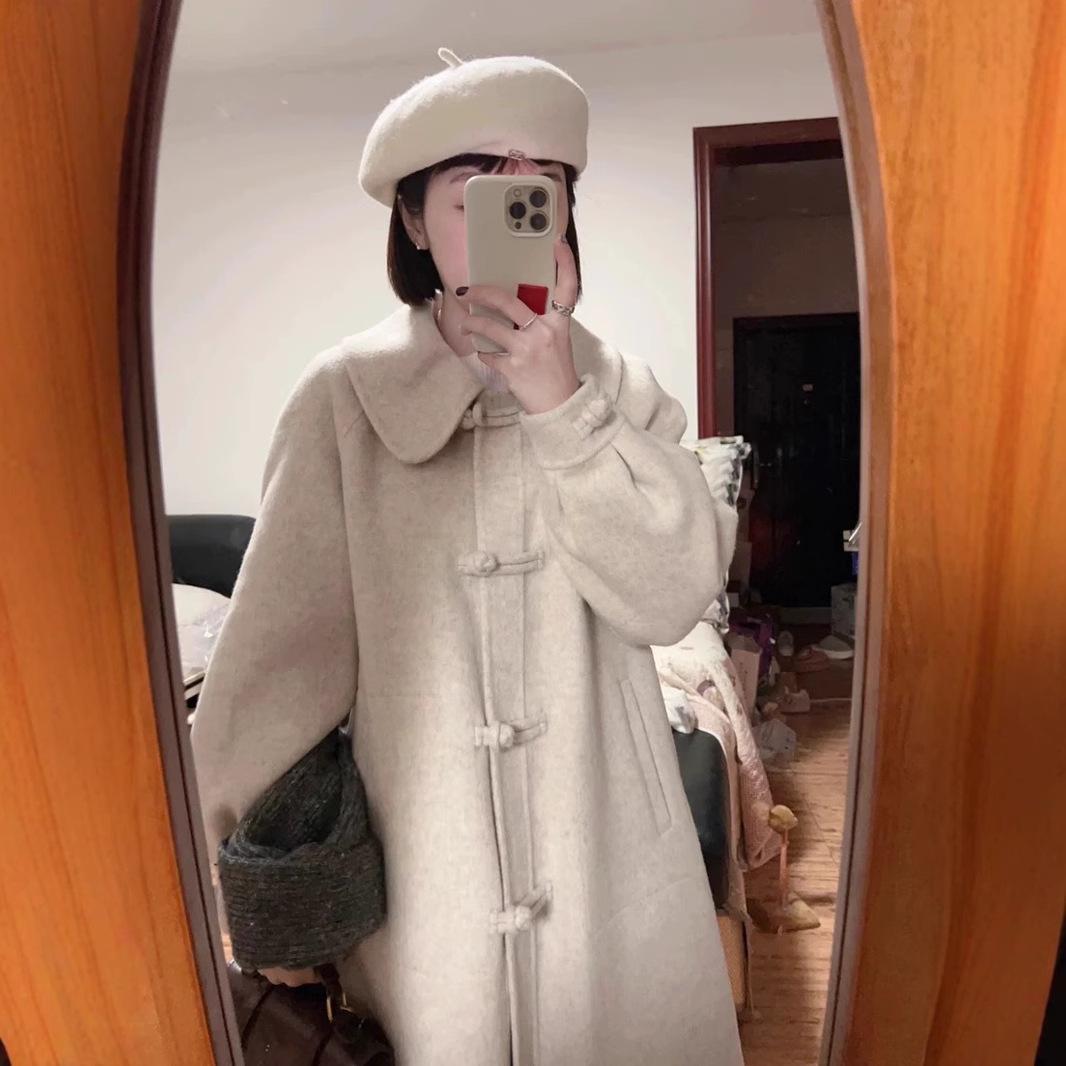 Langer Mantel Frauen Herbst und Winter Kleine Koreanische Temperament Retro Puppe Kragen Taste Wollmantel M beige von Joom DACH