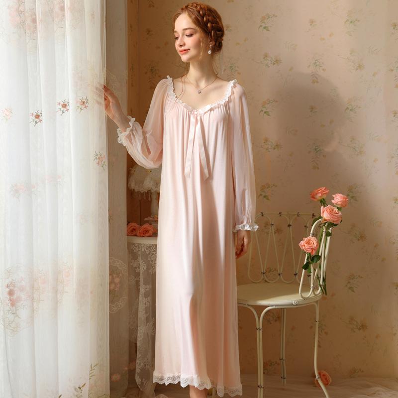 Langer Pyjama im französischen Retro-Feenstil für Mädchen, süßer Prinzessinnen-Nachthemd-Pyjama für Damen, langes weißes Nachthemd, Morgenkleid L rosa von Joom DACH