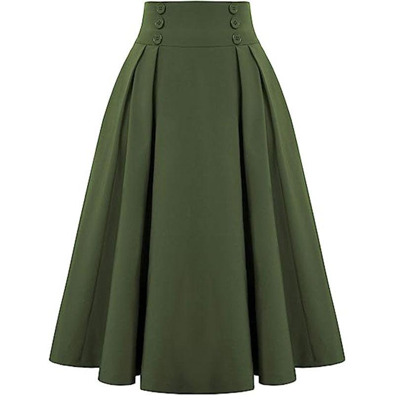 Langer Rock mit hoher Taille für Damen, lässiger, geknöpfter, plissierter langer Rock für den Sommer, einfarbig, modisch, schmaler Maxirock, atmungsaktiv, leicht, bequemer Rock S grün von Joom DACH