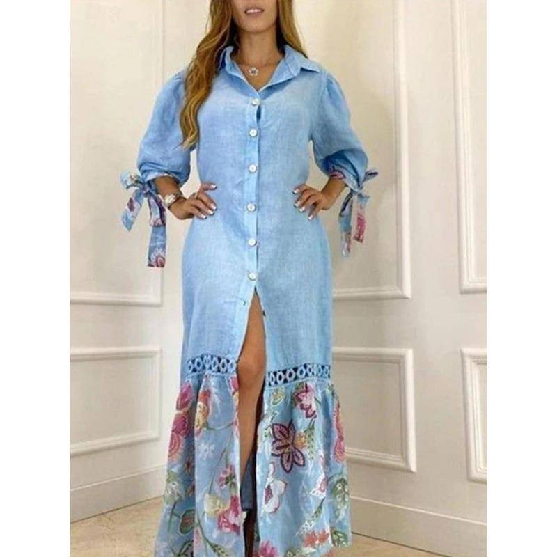 Langes Kleid im Patchwork-Stil mit Schnürung und sieben Zehntelärmeln für Damen 3XL himmelblaue von Joom DACH
