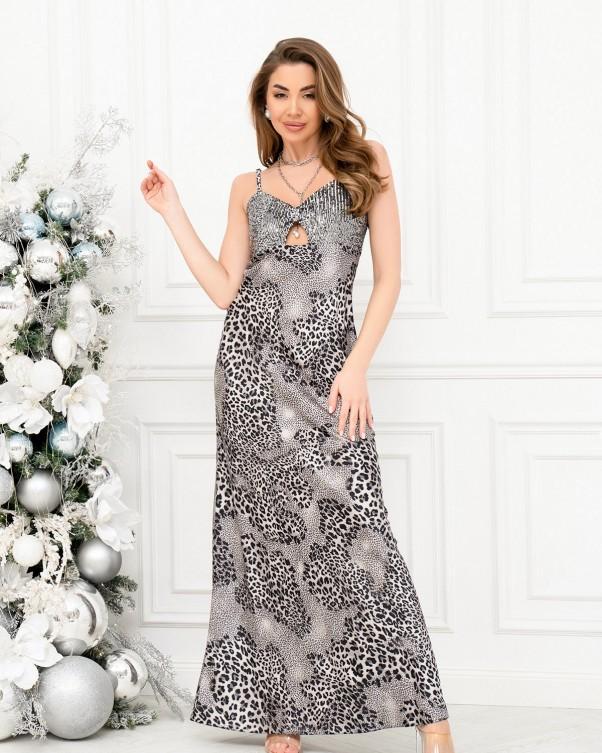 Langes Kleid mit Glitzereinsatz und Animal-Print S graue von Joom DACH