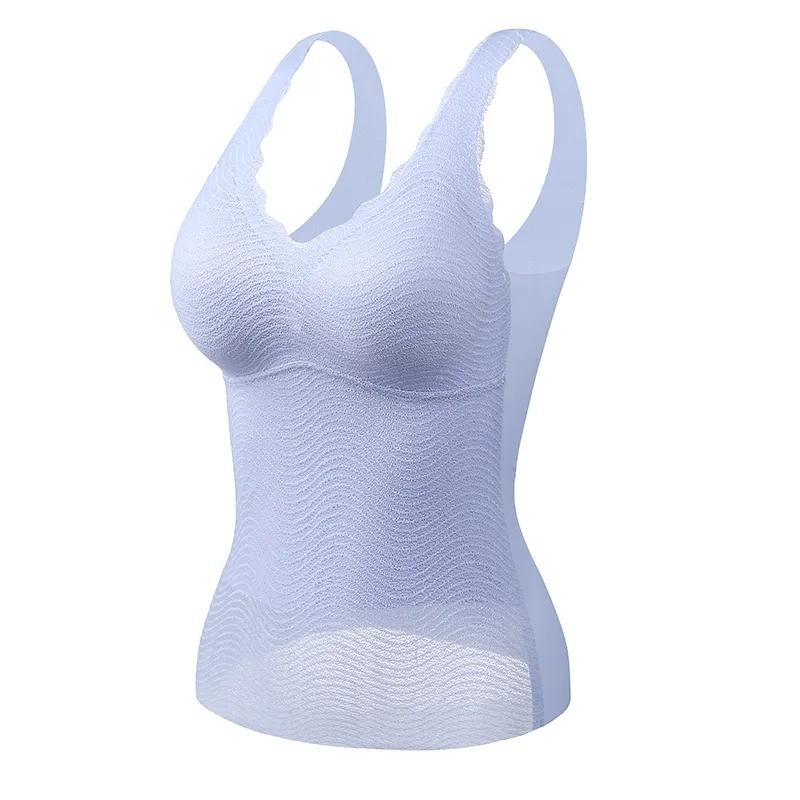 Langes Tanktop, integriert mit nahtlosem Brustpolster, Tanktop, Sommer, dünne, gewellte Spitze, Damenmode, Innenbekleidung, einfarbig, lässiges Oberteil XL blau von Joom DACH