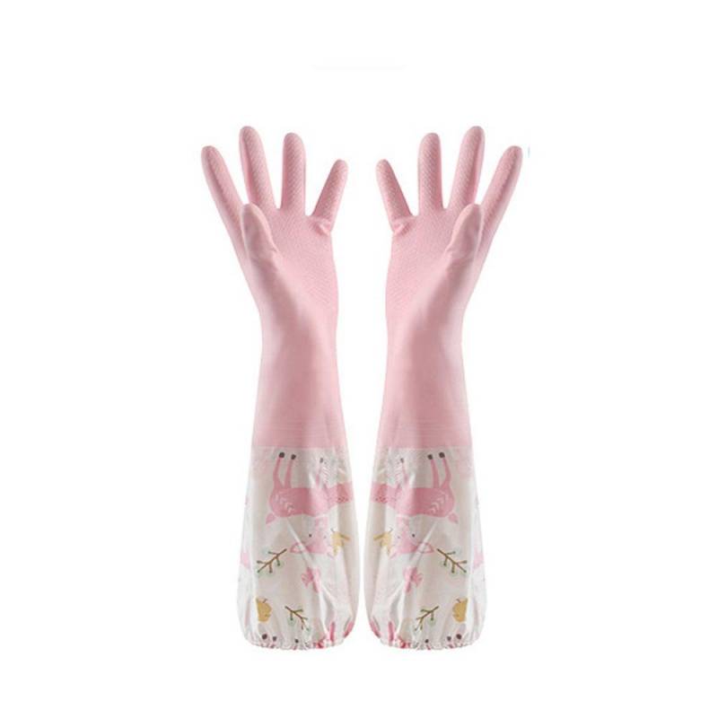 Langlebige Haushaltsreinigungs-Plüsch-Gummiband-Küchenzubehör-Geschirrspülwerkzeuge-Ärmelhandschuhe S-single layer rosa von Joom DACH