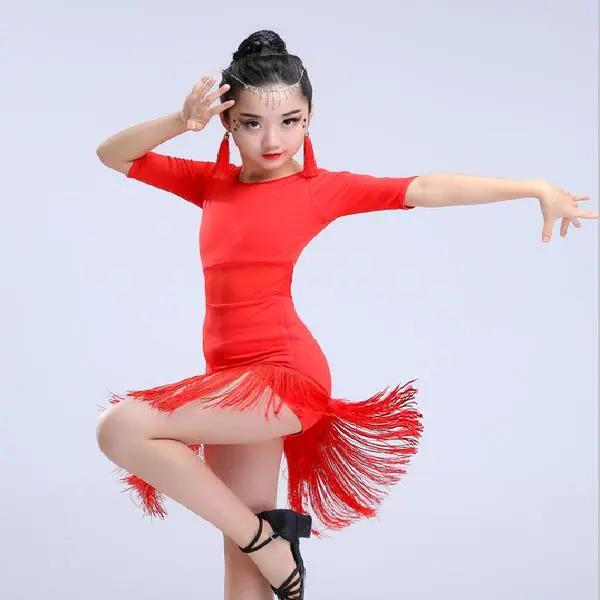 Latein-Tanzkleid, kurzärmeliges, einteiliges Kleid für den lateinamerikanischen Tanz mit Quasten für Damen, Ballsaal, Tango, Cha-Cha-Rumba-Kostüme 140 rot von Joom DACH