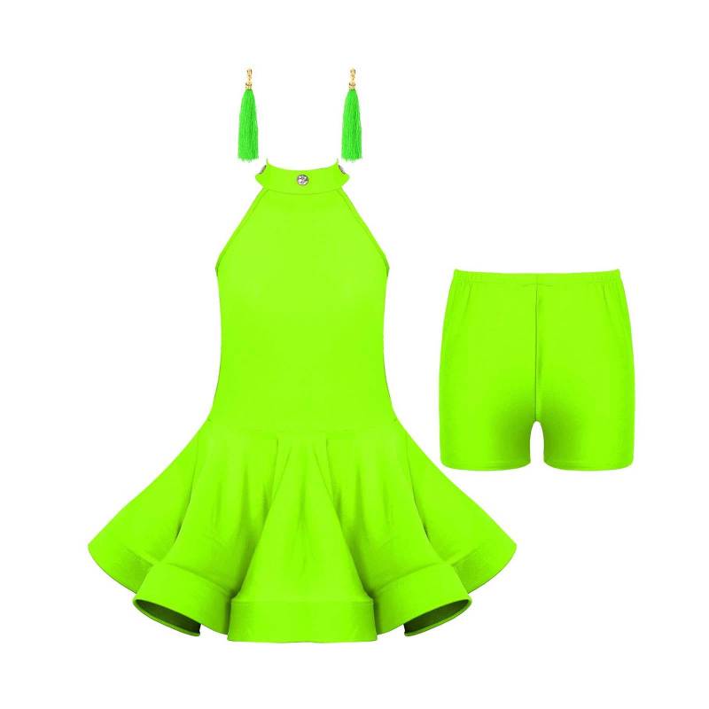 Lateinisches Tanzkleid für Mädchen, Strass-Design mit hohlem Rücken, mit elastischen Shorts und Quastenohrringen 7-8 Years grün von Joom DACH
