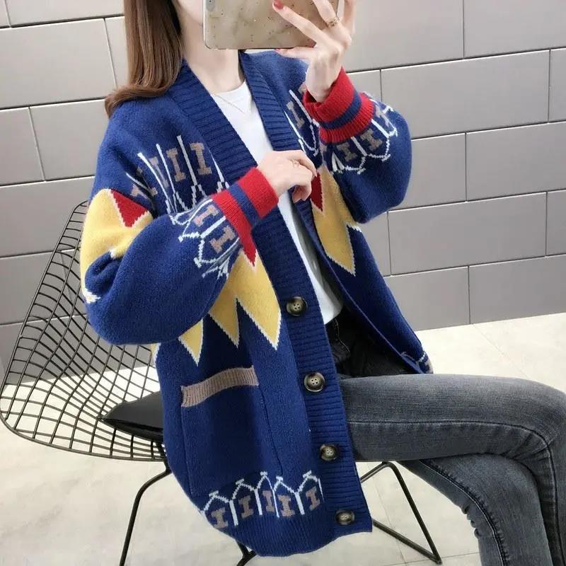 Lazy Jacquard V-Ausschnitt Langarm Warm Loose Sweater Cardigan Damen Strick Loose Sweater Jacke Wild Knit Cardigan S von Joom DACH