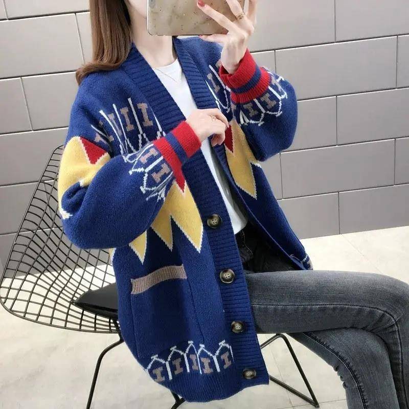 Lazy Jacquard V-Ausschnitt Langarm Warm Loose Sweater Cardigan Damen Strick Loose Sweater Jacke Wild Knit Cardigan S von Joom DACH