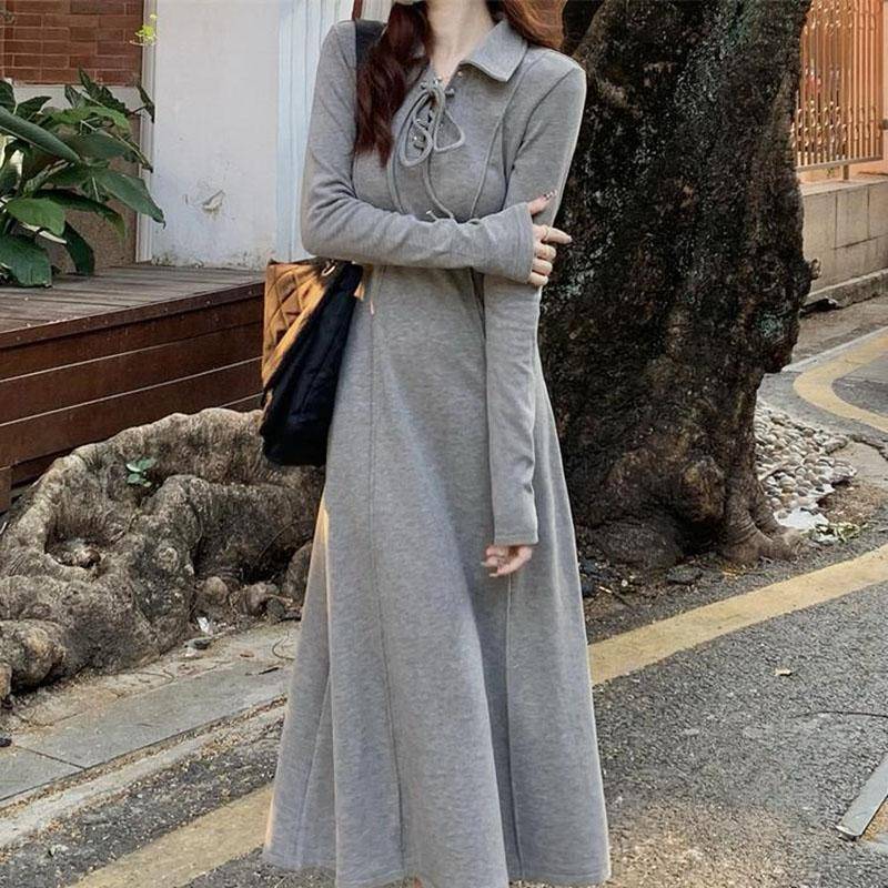 Lazy Wind Langarm Strickkleid Damen Herbst und Winter Mode Dünnschliff Dünne Taille Mittellanger Rock XL graue von Joom DACH