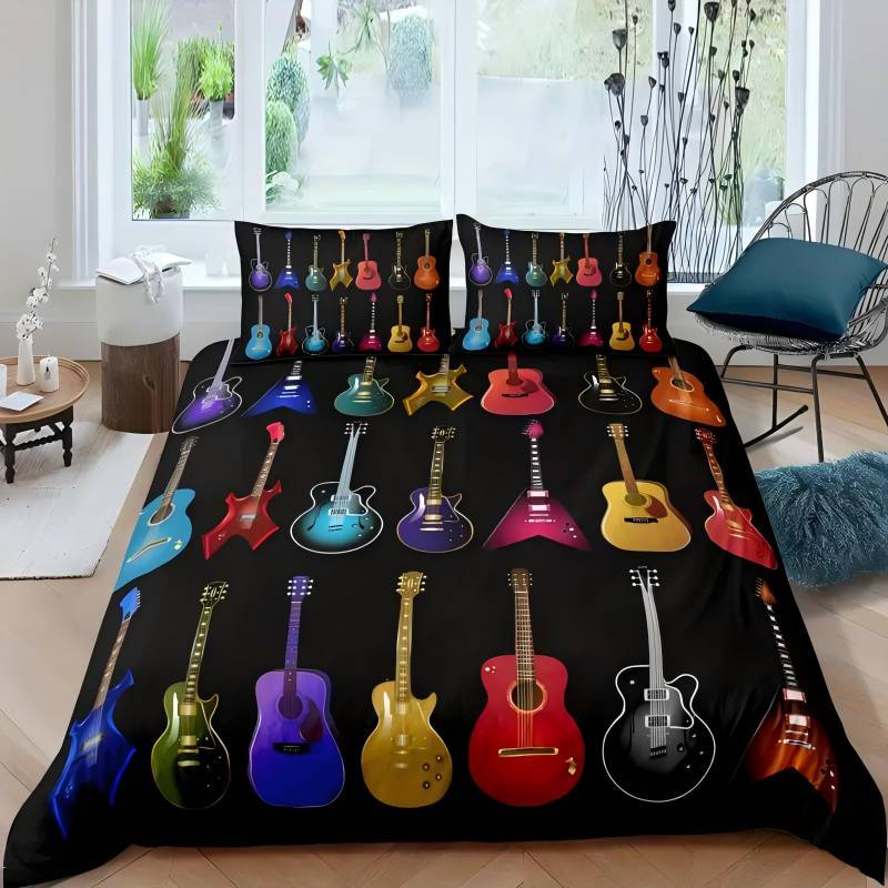 Lebendige mehrfarbige Gitarreninstrumente 3D-gedruckter Quiltbezug Heimtextilien Bettbezug-Set(1 Bettbezug+1/2 Kissenbezüge) EU single(135x200cm) von Joom DACH