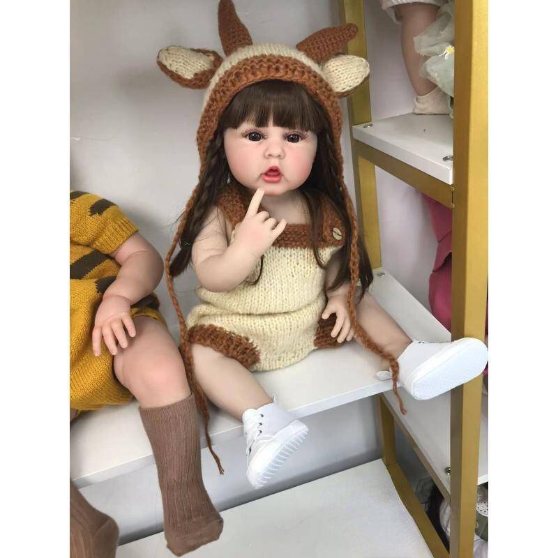 Lebensechte Reborn Baby 55 CM 22 Zoll Volle Silikon Körper Realistische Braun Lange Haare Mädchen Puppe Spielzeug Prinzessin von Joom DACH