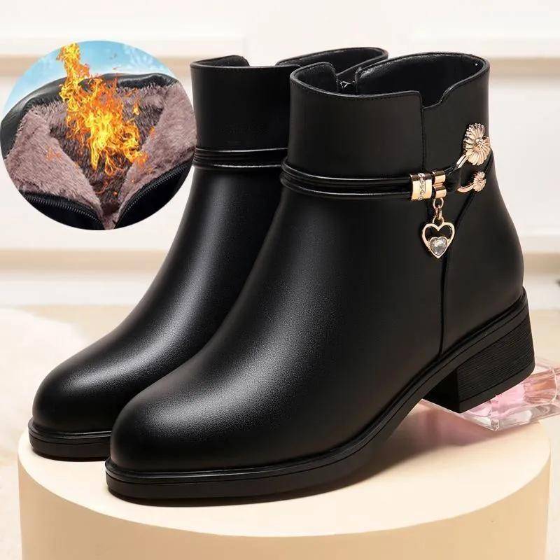 Leder Damenstiefel Winter Dicke Wolle gefüttert Leder Damen Schneestiefel Große Größe Damen Winterschuhe 40 schwarz von Joom DACH