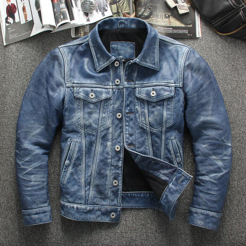 Leder Herren Handgeriebene Farbe Vintage Do Old Head Layer Rindsleder Casual Revers Denim Motorrad Lederjacke Jacke 4XL von Joom DACH
