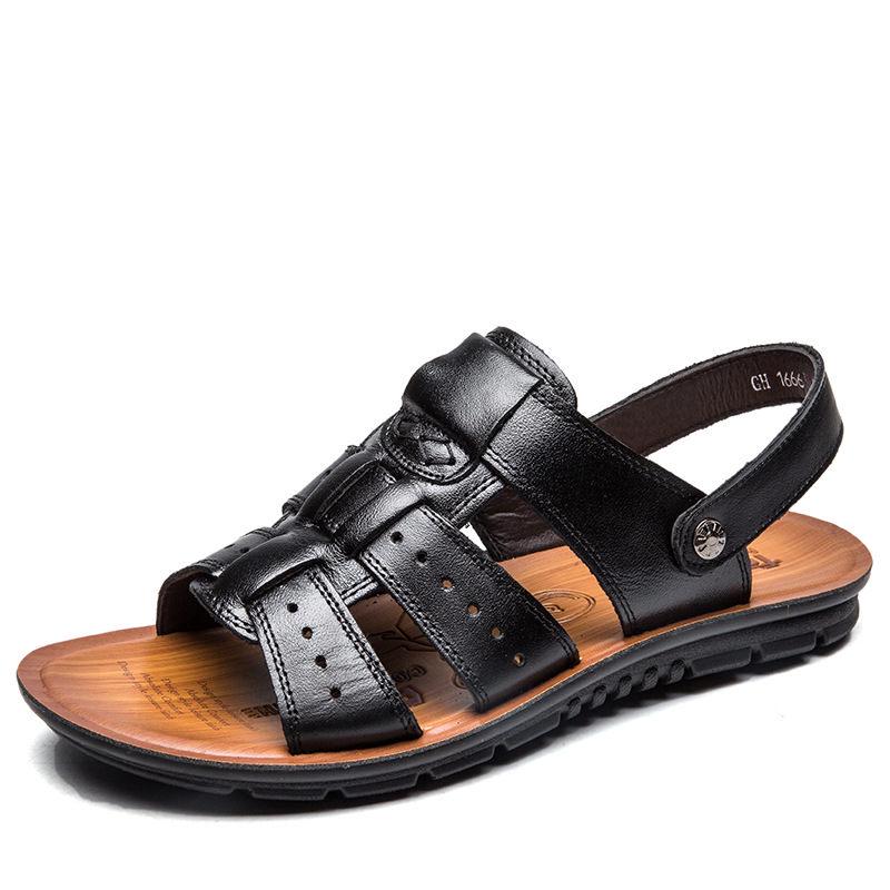 Leder Herren Sandalen Schuhe Schwarz Braun Handgenäht Sommer Atmungsaktiv Strand Herrenschuhe 47 schwarz von Joom DACH