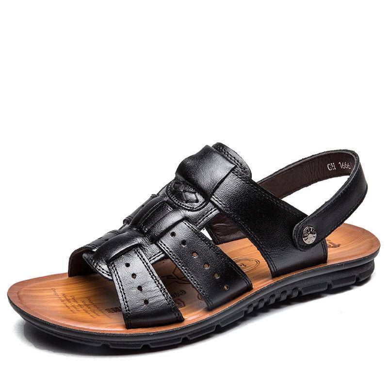 Leder Herren Sandalen Schuhe Schwarz Braun Handgenäht Sommer Atmungsaktiv Strand Herrenschuhe 47 schwarz von Joom DACH