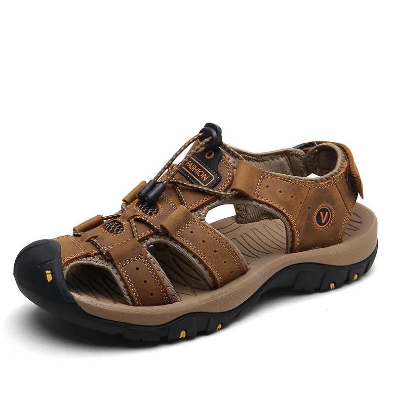 Leder Herren Sandalen Sommerschuhe Neu Übergröße Herren Sandalen Mode Lässig Outdoor Strand Hausschuhe Atmungsaktive Wasserschuhe 39 von Joom DACH