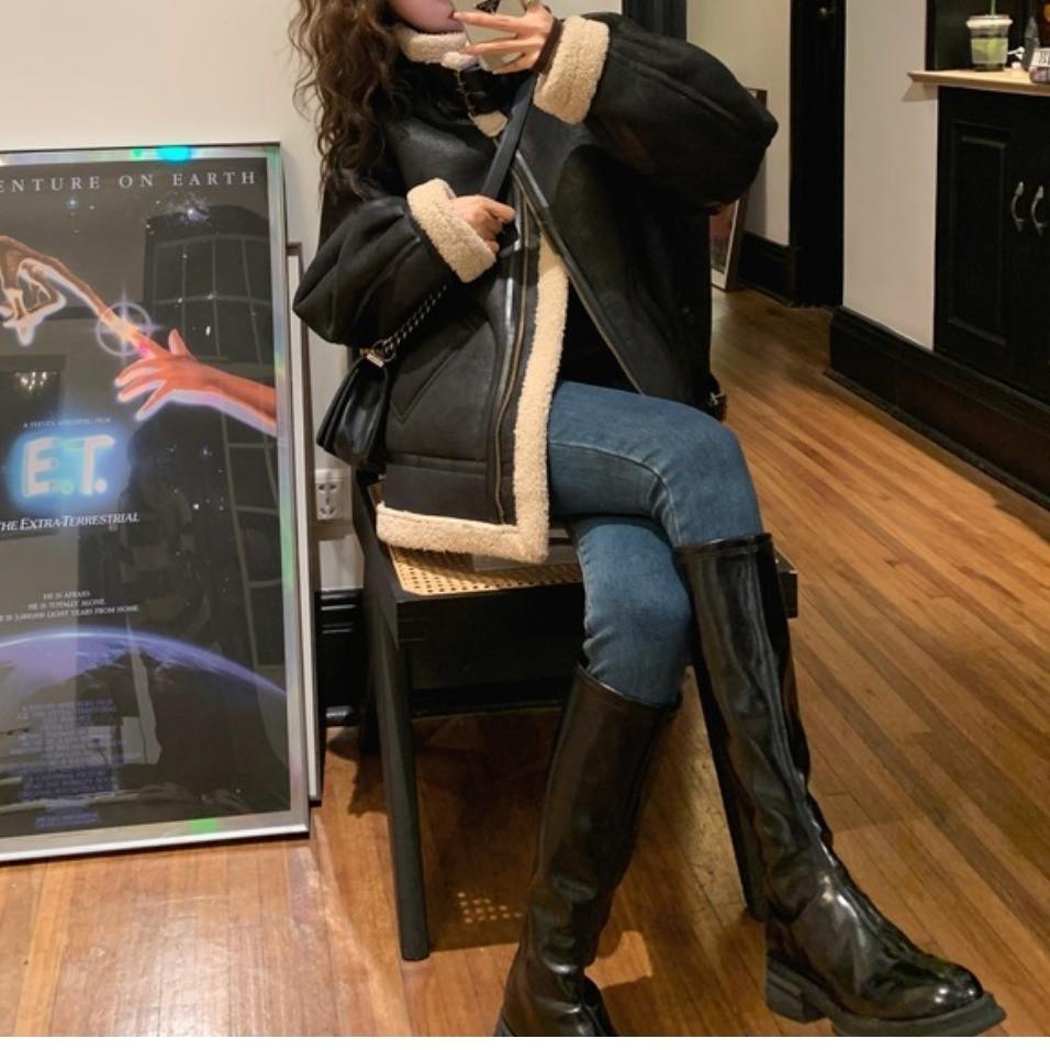 Leder Lammwolle Mantel Damen Pelz Einteiler Winter Locker Lässig Stehkragen Motorradjacke Plus Samt und Verdickung L schwarz von Joom DACH