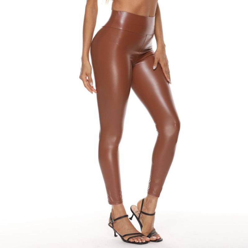Leder-Leggings für Damen, hohe Taille, dehnbare Bleistifthose, schlanke PU-Hose, modische, dünne, elastische Jeggings XXL braun von Joom DACH