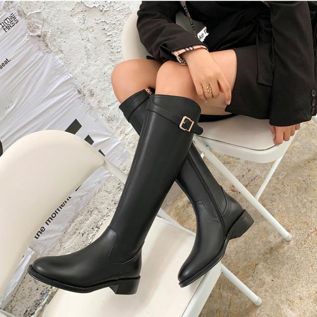 Leder Ritterstiefel Mode Runde Zehe Warm Botas Botas De Mujer Damen Niedrig Absatz Kniehohe Stiefel Herbst Winter Neues Design Weich 35 schwarz von Joom DACH