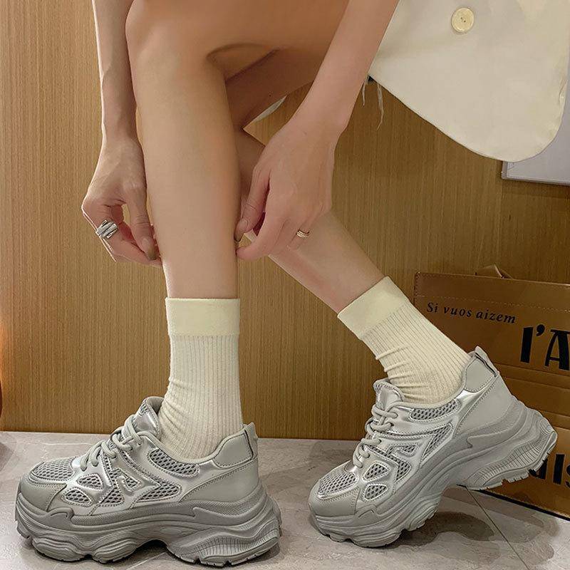 Leder Silber Dad Schuhe Kinder Frühling und Sommer Neu Mesh Atmungsaktiv Dicke Sohle Erhöhend Lässige Sportschuhe 40 von Joom DACH