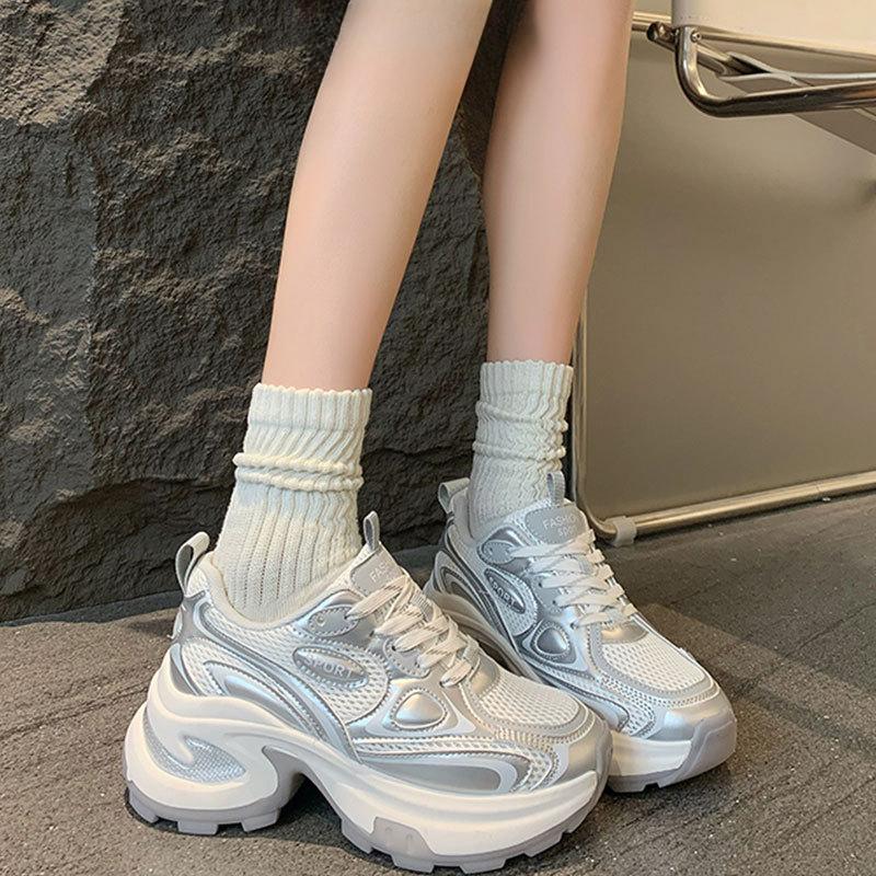 Leder Silber Papa Schuhe Kinder Sommer Neu Mesh Atmungsaktiv Dicke Sohle Erhöhend Leichtgewichtige Lässige Sportschuhe 40 von Joom DACH