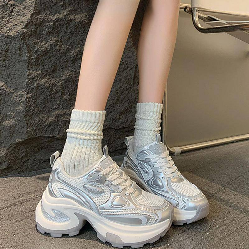 Leder Silber Papa Schuhe Kinder Sommer Neu Mesh Atmungsaktiv Dicke Sohle Erhöhend Leichtgewichtige Lässige Sportschuhe 40 von Joom DACH