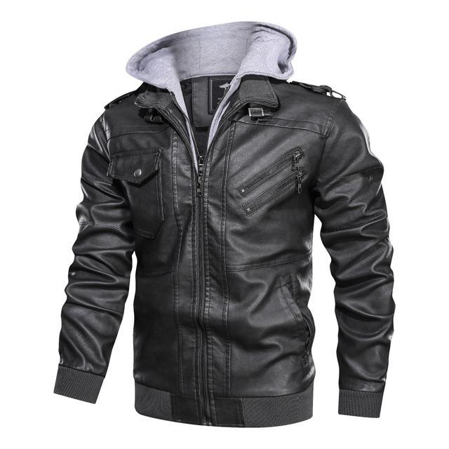 Leder Vintage Lokomotive PU Lederjacke Herbst und Winter Abnehmbare Herren Kapuzenjacke XXXL von Joom DACH
