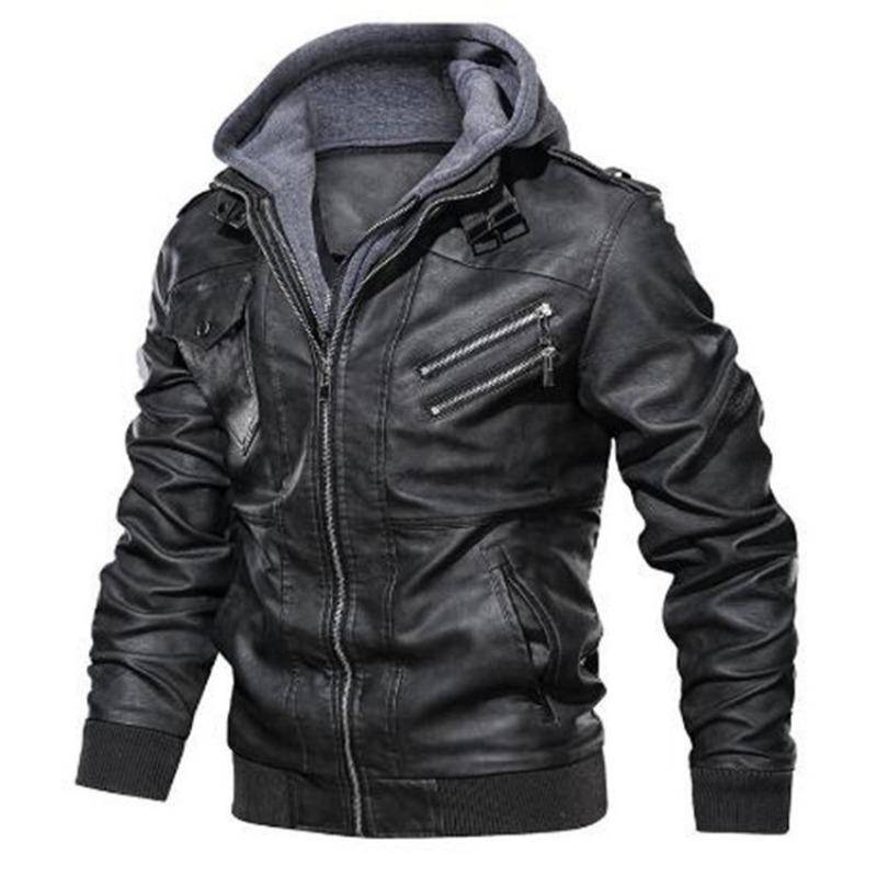 Leder Vintage Lokomotive PU Lederjacke Herbst und Winter Abnehmbare Herren Kapuzenjacke XXXL von Joom DACH