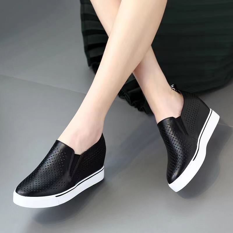 Leder Weiß Bequeme Höhe Keile Schuhe Frau Mode Plattform Turnschuhe Frauen Casual High Heels Schuhe Frauen Frühling Herbst 40 schwarz von Joom DACH