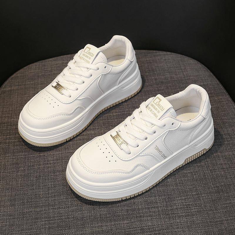 Leder Weiße Schuhe Damen Frühling und Herbst Neu Vielseitig Dicke Sohle Höhenerhöhende Board Schuhe Lässiger Sneaker Damen 40 von Joom DACH