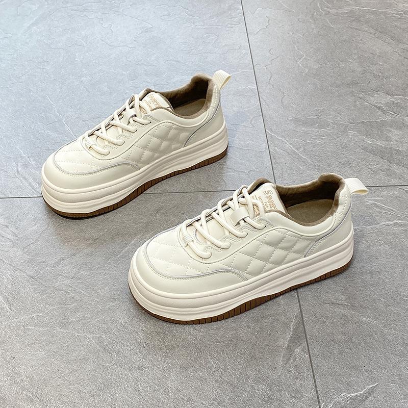 Leder Weiße Schuhe Damen Winter Neu Dicksohlige Rhombus Plus Samt Lässig Allround-Plateauschuhe 39 von Joom DACH