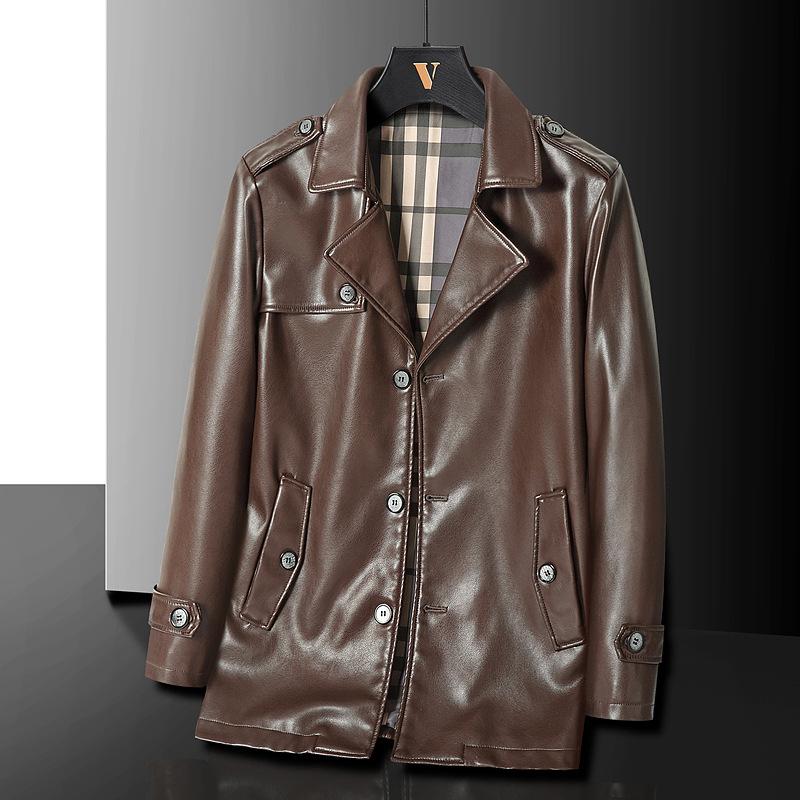 Leder-Windjacke für Herren, mittellang, schmale Lederjacke im koreanischen Stil, für Jugendliche, Herbst und Winter, hochwertiges, trendiges, hübsches Oberteil 5XL von Joom DACH