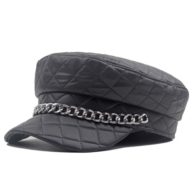 Leder bemalt Hut Damen Kette Flat Top Armee Hut Herbst Winter warme Mütze schwarz von Joom DACH