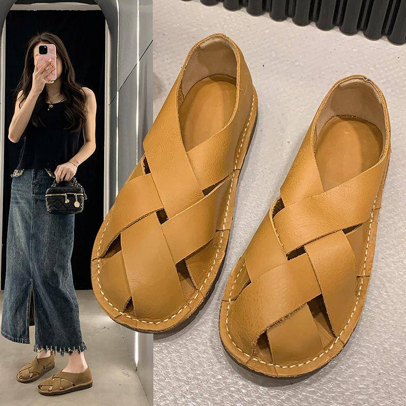 Leder frauen Sandalen Top Schicht Rindsleder Handarbeit Gewebt Frauen casual Flats die retro kunst mori mädchen schuhe 39 khaki von Joom DACH