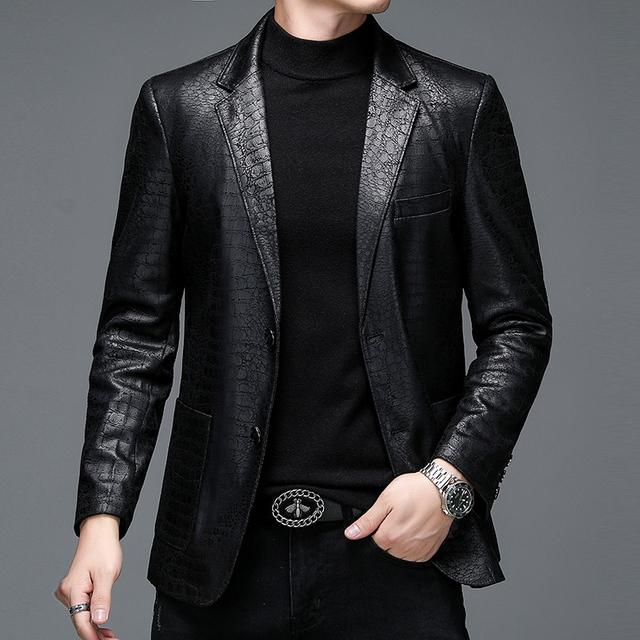 Lederanzug Herren Business Schlangenprägung Handwerk High-End Großformat Mann Kunstleder Blazer Business Gentleman Hochzeit Pu Mantel M schwarz von Joom DACH