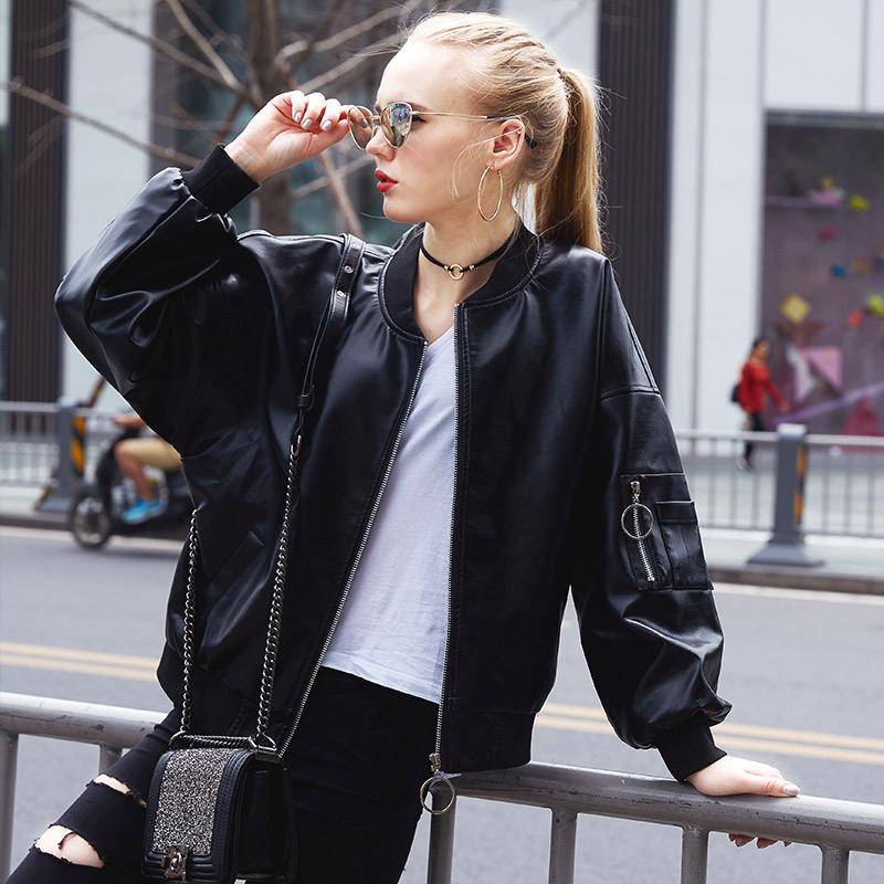 Lederjacke Damen Herbst New Style Loose Casual Baseball Uniform Pu Lederjacke Korean Style Student Hübscher XL schwarz von Joom DACH