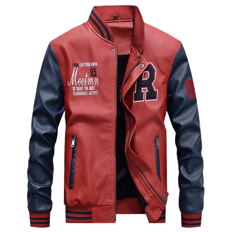 Lederjacke Herren Freizeitjacke PU-Jacke Baseball Stehkragen Frühling und Herbst Neue Trendige Herren Lederjacke 4XL rot von Joom DACH