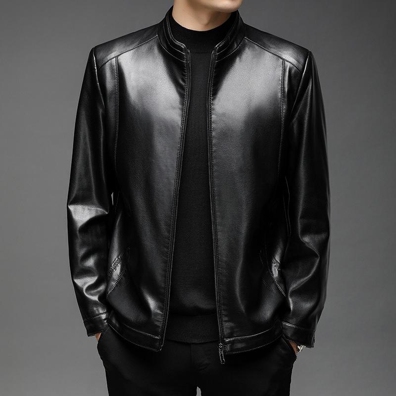 Lederjacke Herren Herbst und Winter Neue Herrenbekleidung Stehkragen Weiche Lederjacke Lockere Freizeitlederjacke für Herren mittleren Alters 4XL von Joom DACH