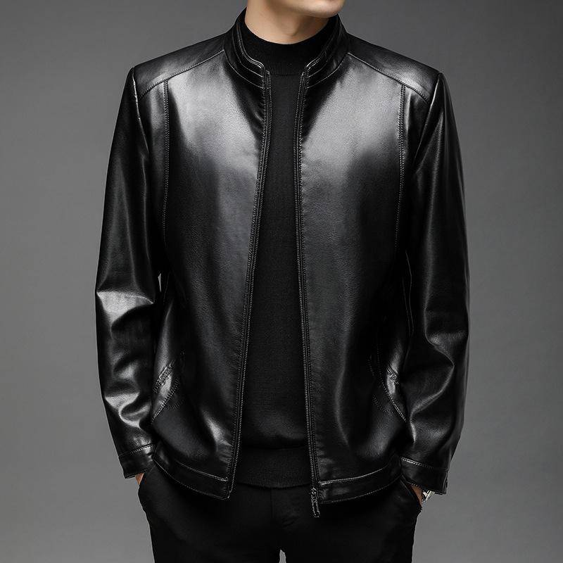 Lederjacke Herren Herbst und Winter Neue Herrenbekleidung Stehkragen Weiche Lederjacke Lockere Freizeitlederjacke für Herren mittleren Alters 4XL von Joom DACH