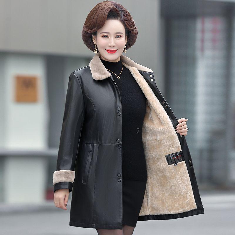 Lederjacke für Damen im Winter mit dickem Fleece und mittellangem bis langem Schnitt für Wärme und Kälteschutz 4XL schwarz von Joom DACH