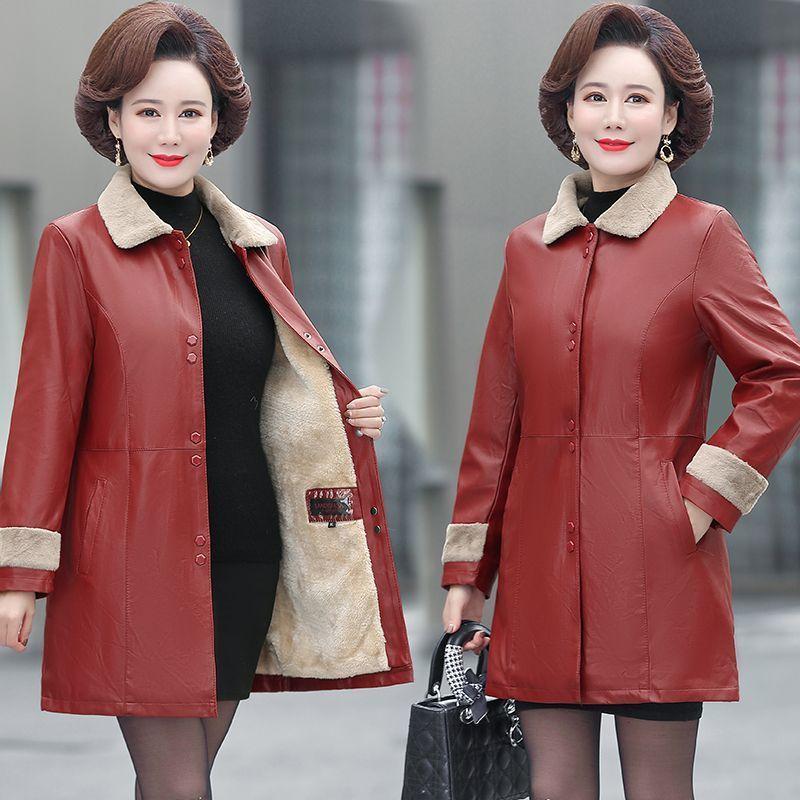 Lederjacke für Damen im Winter mit dickem Fleece und mittellangem bis langem Schnitt für Wärme und Kälteschutz 5XL bordeaux von Joom DACH