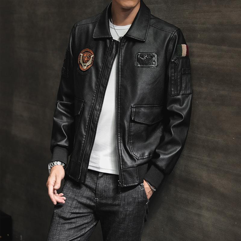 Lederjacke für Herren, Herbst Neue Lässige Trendige Bestickte Lederjacke, Jugendkreativer Stil, Markante Motorradjacke, Herrenjacke 3XL von Joom DACH