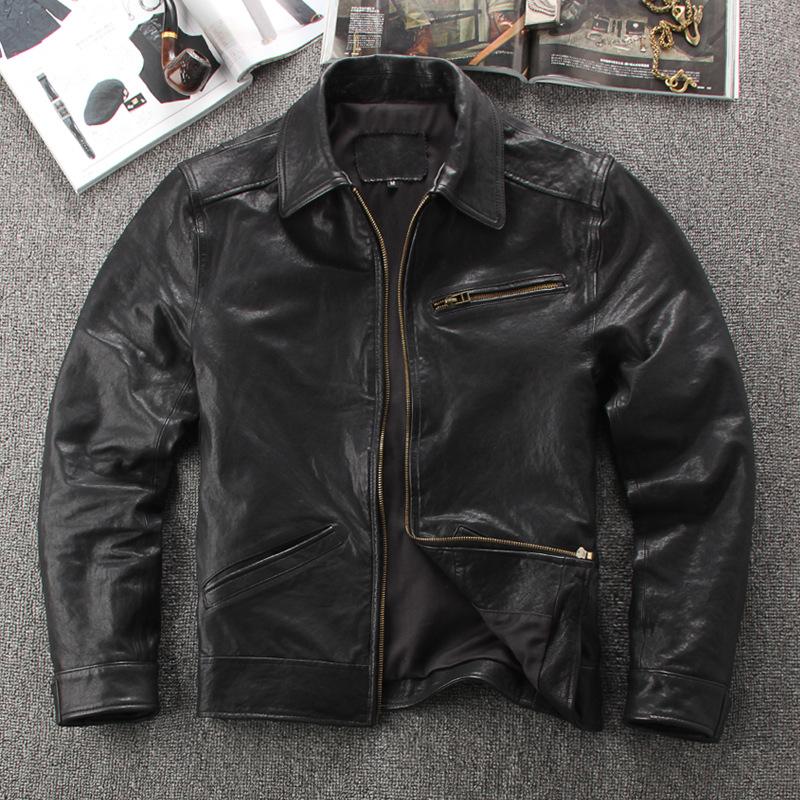 Lederjacke für Herren Vollständig pflanzlich gegerbtes Lammleder Revers Slim Reißverschluss Motorradlederjacke Freizeitjacke 4XL schwarz von Joom DACH