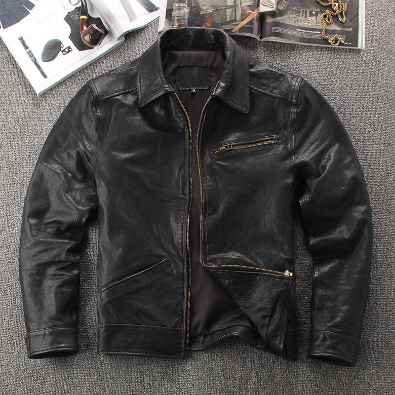 Lederjacke für Herren Vollständig pflanzlich gegerbtes Lammleder Revers Slim Reißverschluss Motorradlederjacke Freizeitjacke 4XL von Joom DACH