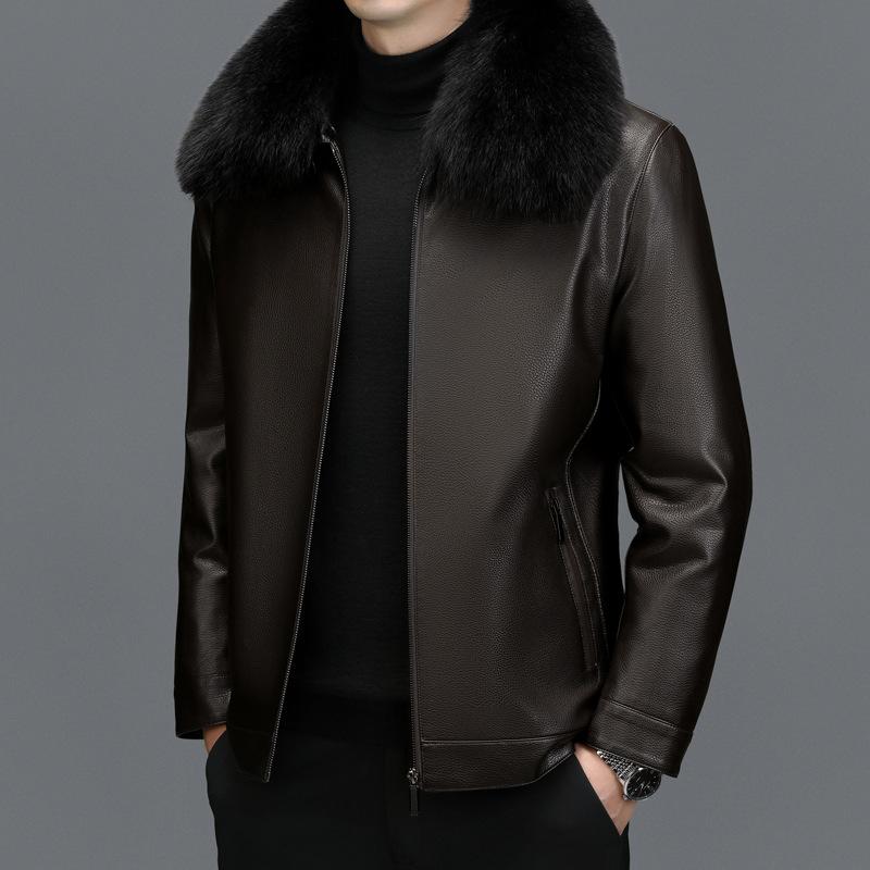 Lederjacke für Männer mittleren Alters und ältere Männer, verdickte Daunenjacke, Jacke mit Pelzkragen 3XL von Joom DACH