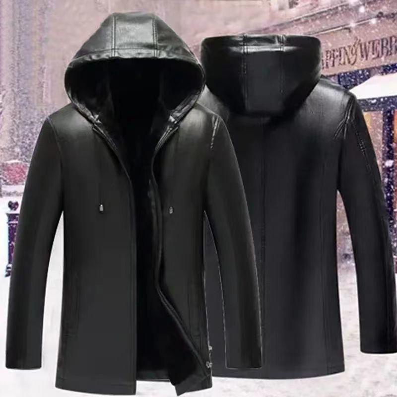 Lederjacke mit Kapuze für Herren, neue Kunstlederjacke aus Wintersamt, verdickte mittlere und lange Freizeitjacke aus Leder für Herren 62 von Joom DACH